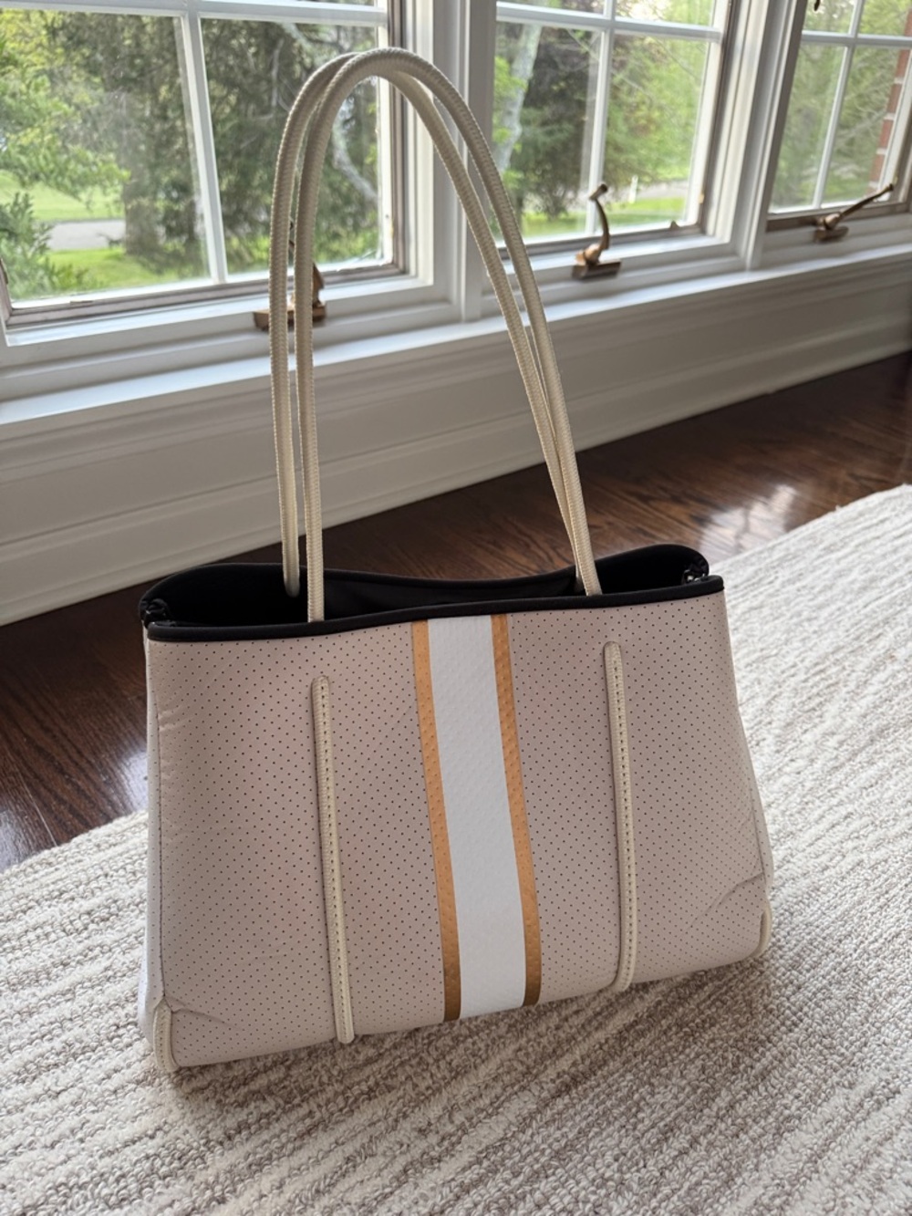 HAUTE SHORE Beige Neoprene Tote with White & Gold Center Stripe
